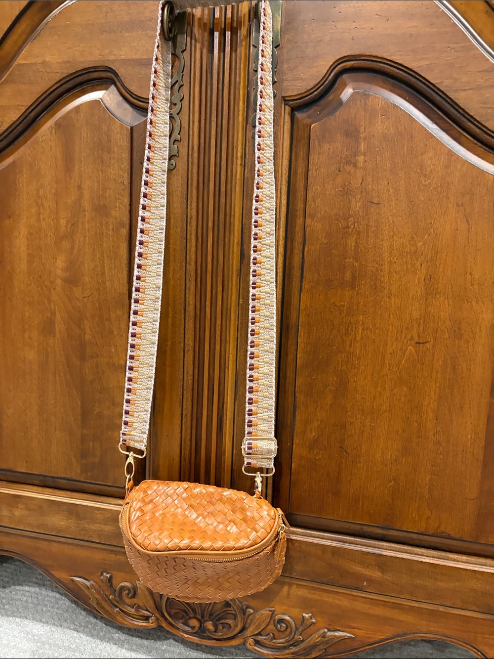 Woven Tan Crossbody Bag with Adjustable Decorative Strap